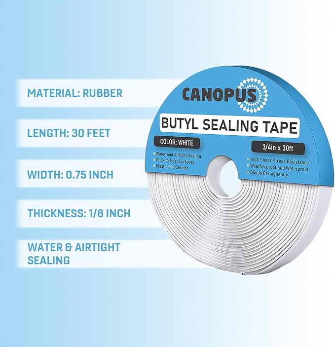 CANOPUS Butyl Seal Tape, White, 1/8-in x 3/4-in x 30-ft, Heavy Duty, Waterproof Sealant Putty Tape, Rubber Tape to Seal RV, Boat, Home Pipes and Car Windows Leaks