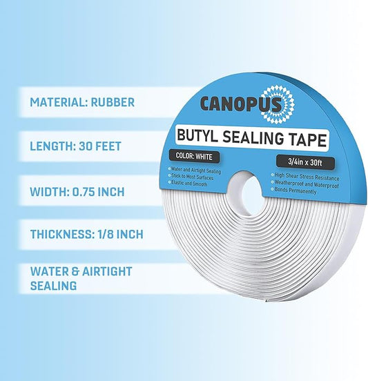 CANOPUS Butyl Seal Tape, White, 1/8-in x 3/4-in x 30-ft, Heavy Duty, Waterproof Sealant Putty Tape, Rubber Tape to Seal RV, Boat, Home Pipes and Car Windows Leaks
