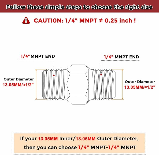 Pack of 3, 1/4" MNPT To 1/4" MNPT Solid Brass Hex Nipple Hose Connectors, Male Pipe Adapter for Pipe Leak Repair, Bathroom Remodeling, Tool Extension, Compression