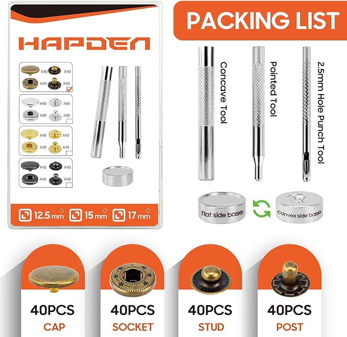 Leather Snaps and Fasteners Kit，17mm 40 Sets Metal Snap Buttons with Setter Tools， Sewing Snaps for Clothing，Fabric，Leather, Clothes, Jackets, Bags, DIY Crafting（Bronze）
