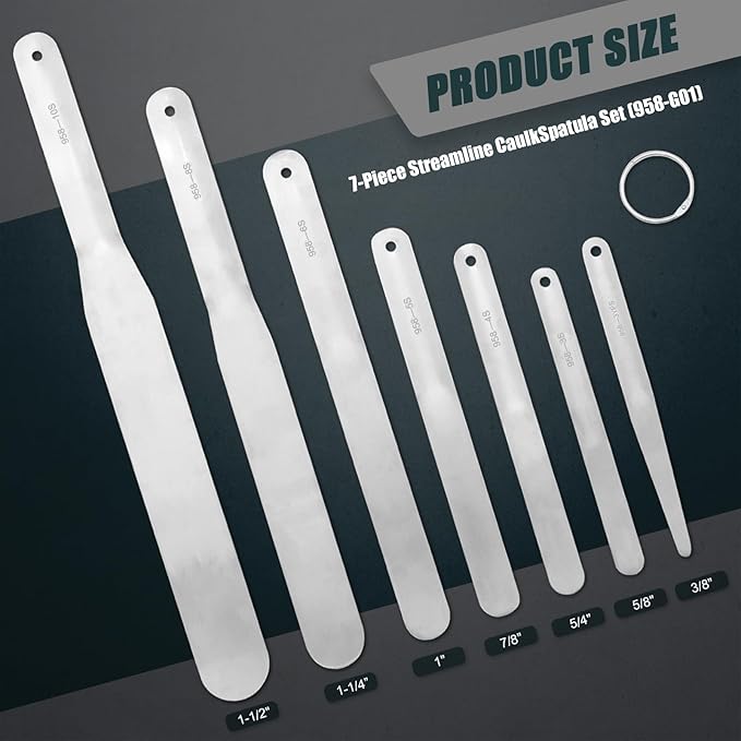 958-G01 7-Piece Caulking Spatula Tool Set, Stainless Steel Streamlined Squeegee & Fixed Round Head for Caulk and Grout, Widths 3/8" to 1-1/2" for Tub, Tile, Countertop with Storage Ring
