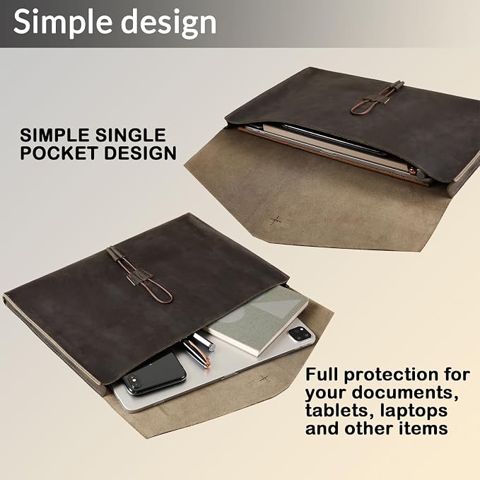 Genuine Leather Envelope Document Holder， Leather File Folder Organizer，Envelope Document Holder, Personalized Folio Laptop Sleeve Case for 14" Laptops