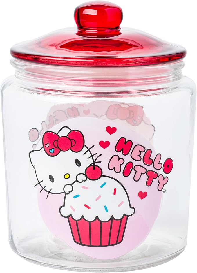 Silver Buffalo Sanrio Hello Kitty Cookie Glass Jar with Lid, 4” x 4” x 6”