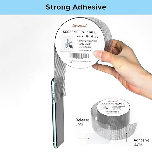 Secopad Grey Window Screen Repair Tape, 4 in X 15 FT (180IN) Screen Repair Kit for Windows or Doors, Strong Adhesive Fiberglass Mesh Patch Tape