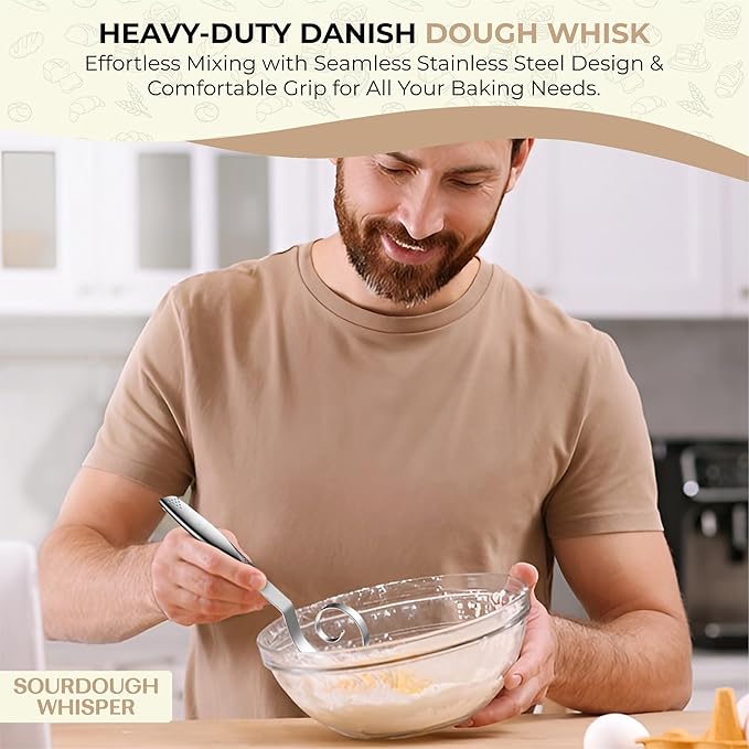 Sourdough Essential Baking Tools Set — Premium Organic Cotton Proofing Tea Towel, Seamless Danish Dough Whisk, Blue Silicone Scraper & Wood Brush (Complete Sourdough Baking & Proofing Kit)