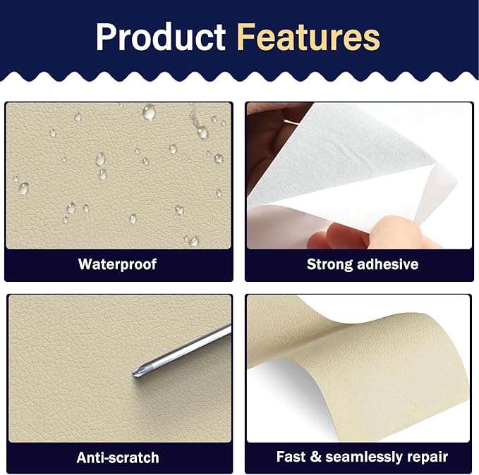Zenyao Leather Repair Patch Tape - Self Adhesive Leather Repair Kit for Car Seat Furniture, Heavy Duty Vinyl Repair Patch for Couch Sofa, Waterproof Fix for Tears, 3x60 Inch Roll, Off White