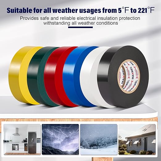 Colored PVC Electrical Tape - 6 Pack Professional Flame Retardant Multi Color Electric Insulation Tape for Home, Auto & Industrial Wiring, 0.75 IN 600V Waterproof UV Resistant Wire Wrap