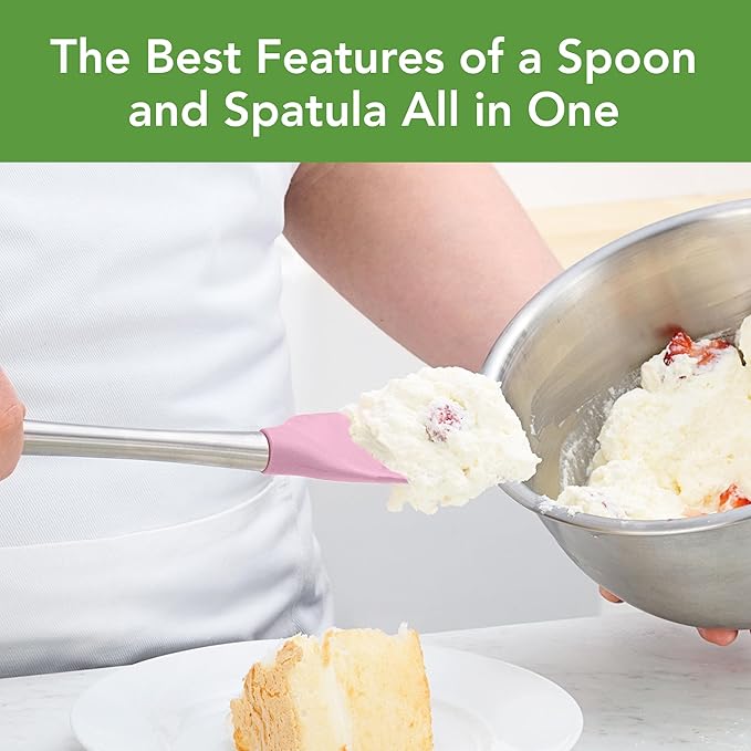 Tovolo Spoon Spatula Spoonula with Stainless Steel Handle Ergonomic Grip Pink Sorbet, Silicone Scoopula Kitchen Utensil Non Scratch Easy Clean Dishwasher Safe Heat Resistant Flex Core Scoop Spatula