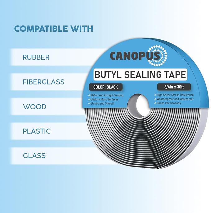 CANOPUS Butyl Seal Tape, Black, 1/8-in x 3/4-in x 30-ft, Heavy Duty, Waterproof Sealant Putty Tape, Rubber Tape to Seal RV, Boat, Home Pipes and Car Windows Leaks