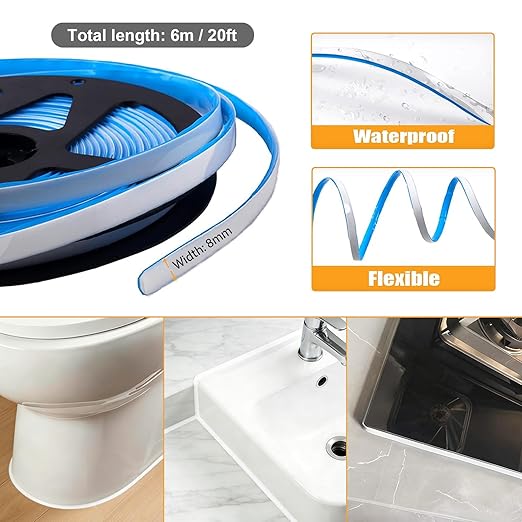Caulk Tape 2 Roll White Self Adhesive, Waterproof Caulking Sealant Strip Sealing Decorative Tape for Toilet Shower Bathtub Bathroom Sink (0.3" x 20Ft)