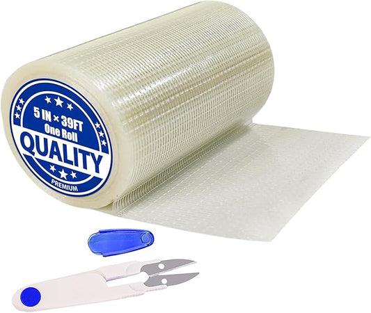 5 in x 39FT RV Awning Repair Tape Kit – Heavy Duty Waterproof Tear Repair Patch for Tarp, Canvas, Tent, Fabric, Canopy, Boat Covers, Sail – Clear Reinforced Fiberglass Repair Tape