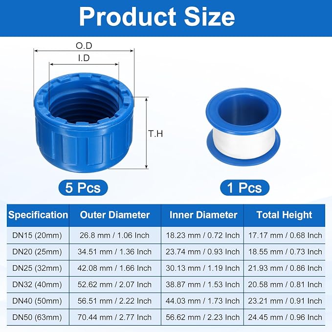 uxcell 5Pcs 1/2 Inch PT Female Thread PVC Pipe Fitting Cap, Cleanout Water Drain End Caps, Pipe Plug Socket Fittings with Tape for Water Heater Supply Lines, Plumbing, Blue
