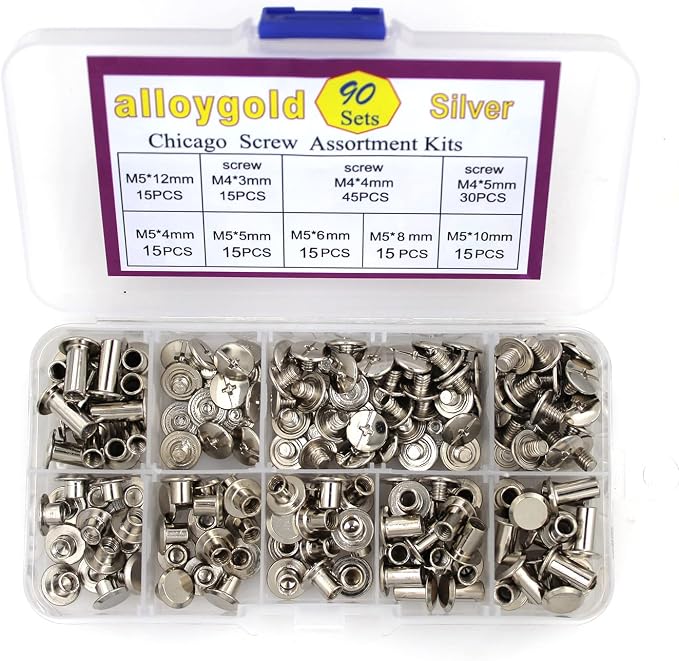 Silver Chicago Screws Leather Kit, 6 Sizes (M5 X 4, 5, 6, 8, 10, 12) | 90 Sets, Screw Rivets, For DIY Leather Craft, For Bookbinding