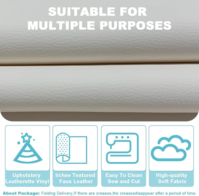 White Faux Leather Fabric 19"x54" - Lychee Grain Flexible Vinyl Leather for Handbag Making, Hair Accessories, Upholstery Repair and Fashion DIY Craft Projects