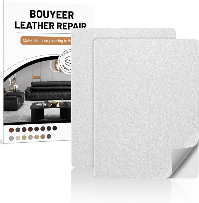 BOUYEER Leather Repair Patch Tape Kit,Self Adhesive Leather Repair for Sofa，Car Seat,Office Chair,Furniture,Jacket,Waterproof Strong Adhesive Vinyl Repair Kit. 8 in x 11 in,White