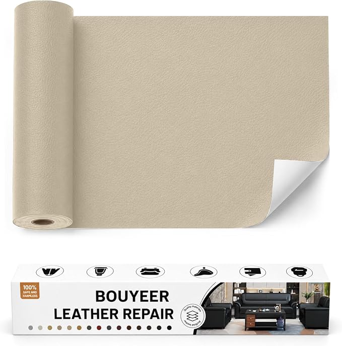 BOUYEER Leather Repair Patch Tape Kit,Self Adhesive Leather Repair for Sofa，Car Seat,Office Chair,Furniture,Jacket,Waterproof Strong Adhesive Vinyl Repair Kit. 16 in x 31 in,Light Beige