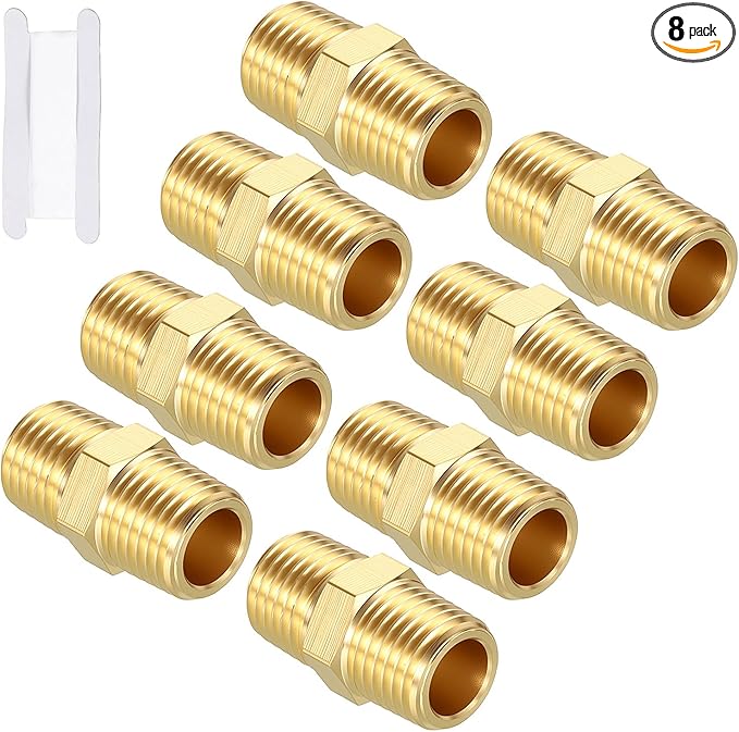 Packs of 8, 1/4" MNPT to 1/4" MNPT Solid Brass Hex Nipple Hose Connectors W/Sealing Tape, Male Pipe Adapter for Pipe Leak Repair, Bathroom Remodeling, Tool Extensions, Compression