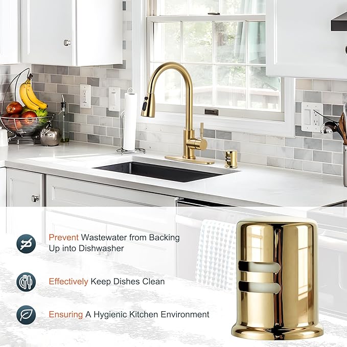 Dishwasher Air Gap Cover, Dishwasher Air Gap Cap for Kitchen Sink, Solid Brass Dishwasher Overflow Vent Cap Replacement Kit, Polished Brass