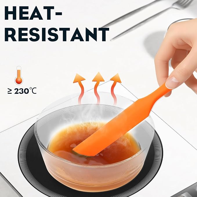 3pcs Silicone Jar Spatulas 10in Long Skinny Heat-Resistant, Narrow Spatula Set for Scraping Peanut Butter, Sourdough, Jam in Small Containers, Blenders & Baking (Black & Red & Orange)