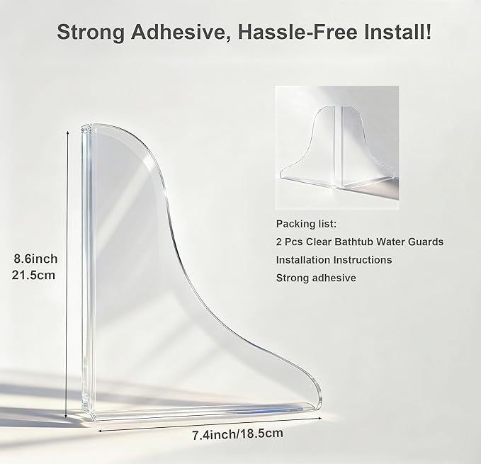 2PCS Shower Splash Guard for Bathtub Corner, Adhesive Clear Waterproof Shield, Removable Bathtub Water Guards Barrier Shower Water Guard to Keep Bathroom Floor Dry for Tub, Shower, Kitchen Sink
