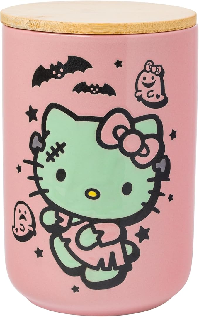 Silver Buffalo Sanrio Hello Kitty Halloween Spooky Frankenstein Frankenkitty Ceramic Cookie Snack Candy Jar with Airtight Bamboo Lid (Small)