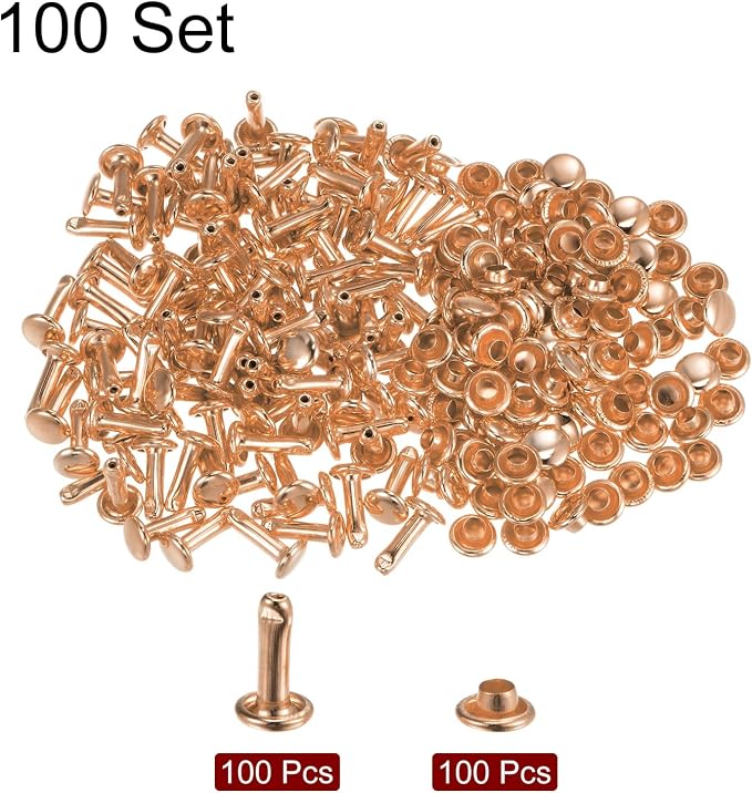 HARFINGTON 100 Sets Leather Rivets 10 x 6mm Metal Double Cap Rivet Snaps Studs Fasteners with 3pcs Setting Tools Rivets for Leather Craft DIY Repair Decoration, Light Gold Tone