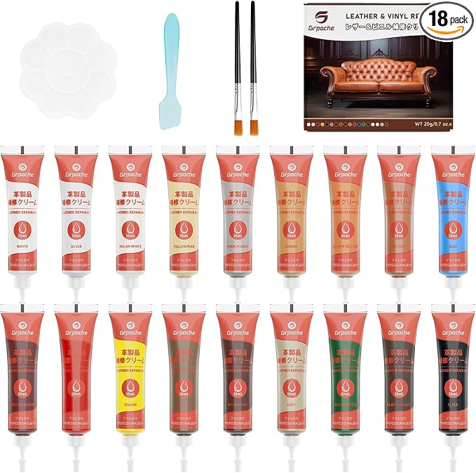 Leather Repair Kit for Furniture, Leather Couch Repair Kit for Car Interior, Car Seats, Sofa, Jacket and Purse,18 Colors Vinyl Repair Kit with Color Matching Guide,Restores Artificial,Genuine Pleather