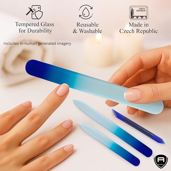 Alban Czech Glass Nail File Set with Manicure Stick & Vegan Leather Cosmetic Case (Royal Blue Nail Files, Royal Manicure Stick & Light Blue Cosmetic Case)