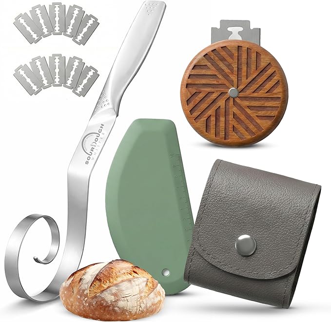 Sourdough Accessories | Seamless Danish Sourdough Bread Whisk, Silicone Dough Scraper & Sourdough Scoring Tool with 5 Blades + Storage Bag (Sourdough bread lame Kit) | Bread baking supplies