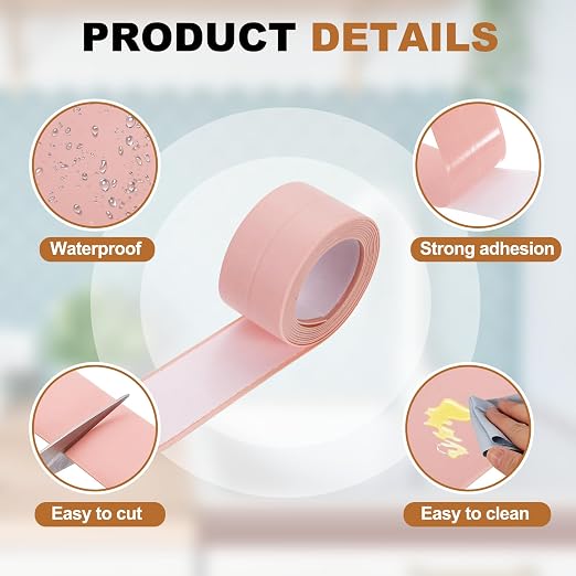 uxcell Caulk Tape Waterproof, 0.83 Inch x 3.28 ft Self-Adhesive Sealant Sealing Strip Caulking Sealant Tape PVC with Tool for Kitchen Sink Toilet Bathroom Bathtub Floor, Pink
