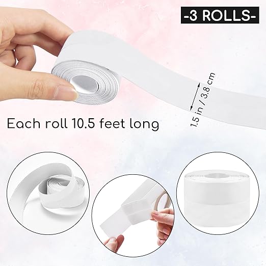 3 Rolls 10.5 Feet Caulk Tape Toilet Caulking Strip Self Adhesive Bathroom Sealing Peel and Stick Caulk Strip for Bathtub, 1.5 Inches (White)