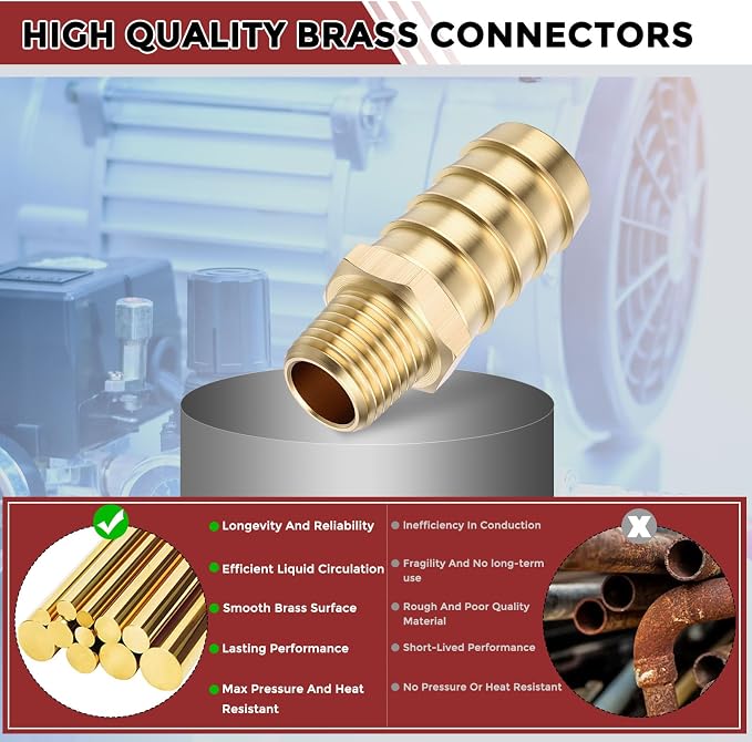 Pack of 6 Brass Hose Barb Fittings Adapter Connector 5/8" Hose Barb to 1/4" NPT Male Fittings for Home Machines, Massage Bathtubs, and Irrigation Systems