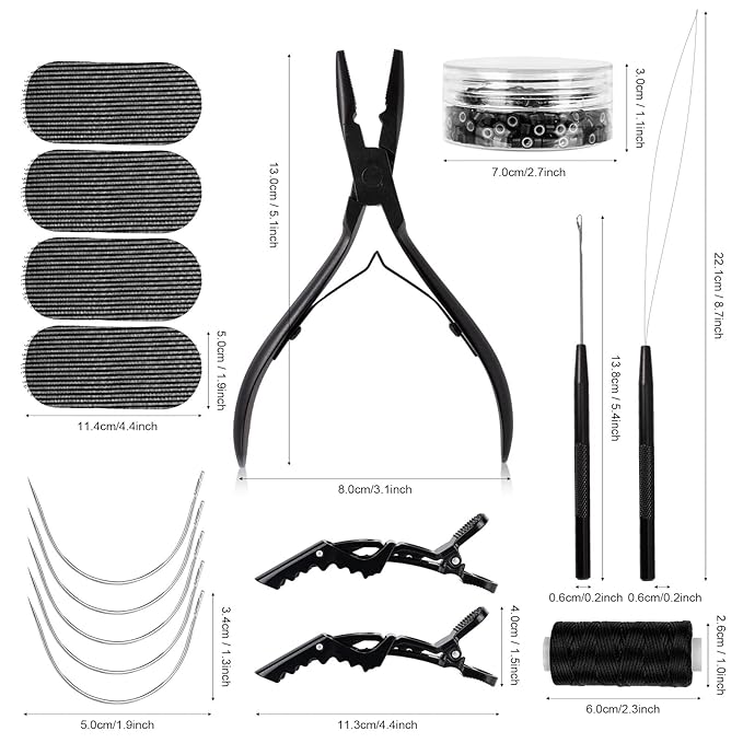 NEWISHTOOL Hair Extension Tool Kit - Silicone Micro Beads, Stainless Steel Beads Plier, Metal Bead Threader and Needle Pulling Hook for Beading Hair Extensions, Girls Cosplay Party Hair Styling Tool