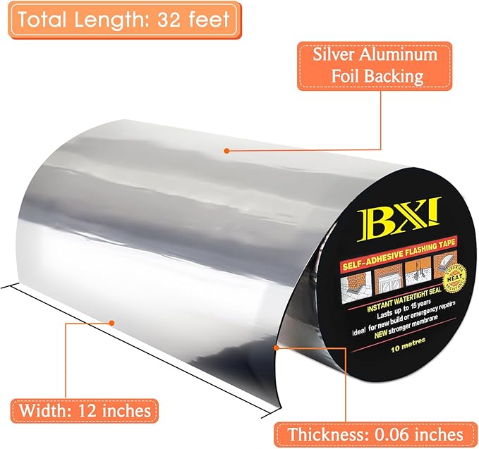 BXI Flashing Roll Tape Membrane, 12 inches X 32 Feet Thick Waterproof Patch Seal Tape, Self-adhesive SBS Modified Rubberized Asphalt, Deck Seam Joist Leak Sealant for Roof Window Gutter Repair Outdoor