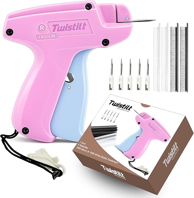 Stitch Gun for Clothes (Quick Fix Tool, Not a Sewing Machine), Handheld Clothing Tag Gun for Quick Clothing Repairs Includes 6 Needles, 1000 Black & 1000 White Fasteners (Pink & Blue)