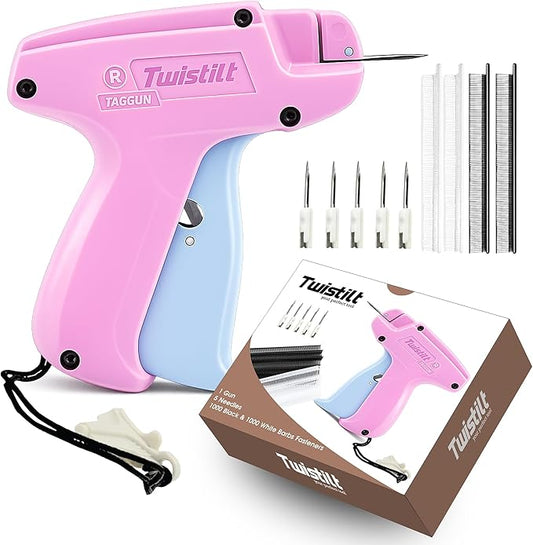 Stitch Gun for Clothes (Quick Fix Tool, Not a Sewing Machine), Handheld Clothing Tag Gun for Quick Clothing Repairs Includes 6 Needles, 1000 Black & 1000 White Fasteners (Pink & Blue)