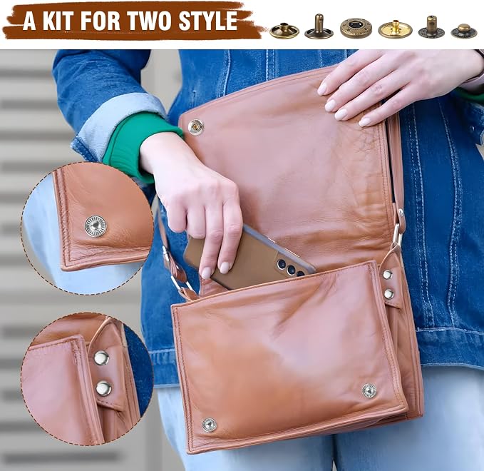200 Sets Leather Snap Fasteners Kit – 40 Sets 15mm Snap Buttons and 160 Sets Double Cap Rivets（6mm & 8mm Height in 4 Colors with Press Pliers – for Leather Craft, Jeans, Jackets, Bags, DIY Repair