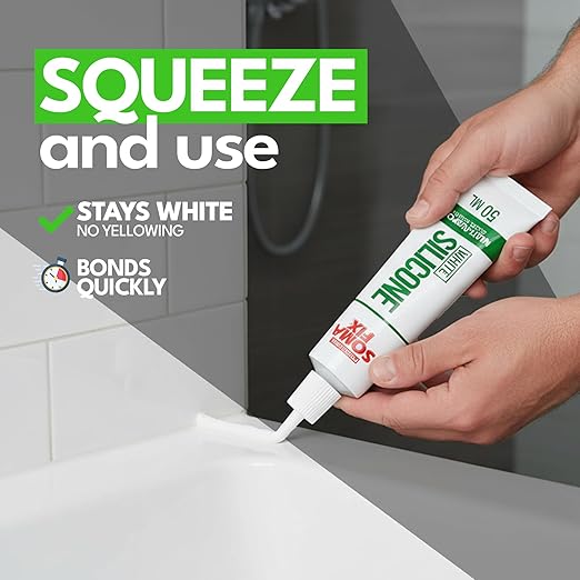 White Silicone Caulk - Easy Squeeze Caulking Tube, Silicone Sealant for Wood, Kitchen, Bathroom, Sink, Windows - Multi Purpose & Waterproof - 1.7 fl. oz (White)