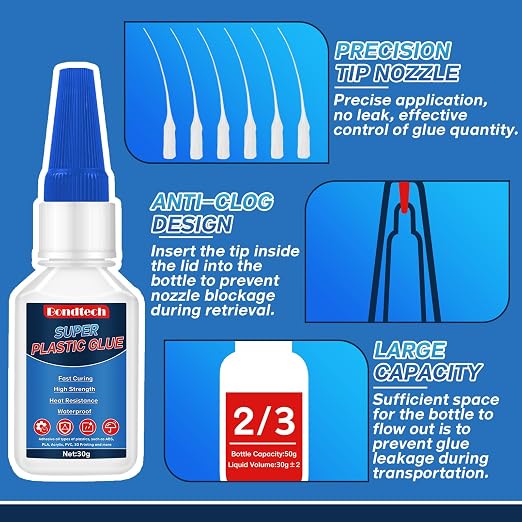 Plastic Glue 30 g, Super Glue for Plastic, Strong Clear Adhesive for Miniatures, Model, PLA, 3D Printing, Acrylic, PVC, Waterproof, Heat-Resistant(Clear, 30 Grams * 1 Pack, Plastic Glue)