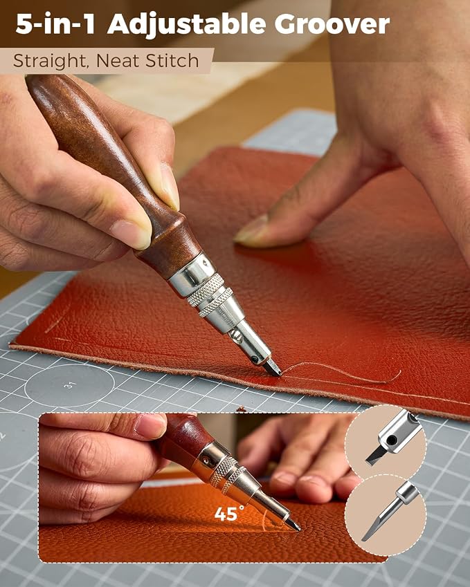 SakerNeo Leather Working Tools - 101pcs Stainless Steel & Wood Handle Sewing kit with 4mm Stitching chisels (1/2/4/6), 18 Waxed Thread, Hole Punch & Stamping Tools for DIY Wallet Belt Bag Repair