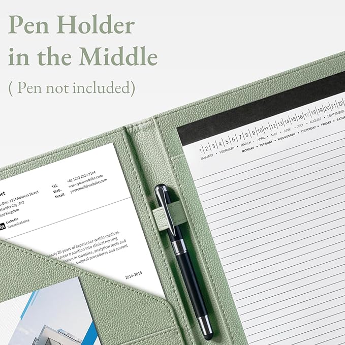 Mymazn Padfolio, Portfolio Folder, Legal Pad Holder, Resume Folder | Faux Leather Binder with Document Organizer, Business Card Holder, Letter-Size Notepad for Interview, Men & Women, Sage Green