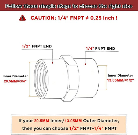 Pack of 2, 1/2" NPT FeMale to 1/4" NPT FeMale Solid Brass Pipe Fitting Coupler, Brass Coupling Hose Fittings Adapter for Pipe Leak Repair, Bathroom Remodeling, Tool Extensions