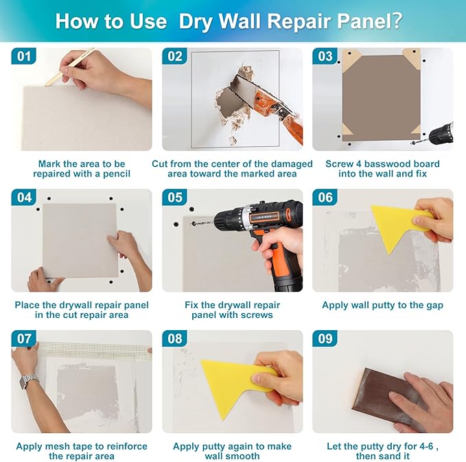 37 Pcs Drywall Repair Kit with 12"x12" Dry Wall Panel, Dry wall Patch Kit Sheetrock Repair Kit with Spackle, Mesh Tape, Putty Knives & Sanding Block for Sheet Rock Wall Surface Ceiling Large Hole Fill