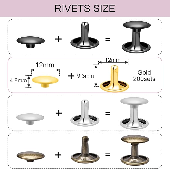 CooBigo 200Sets 12mm Double Round Cap Leather Rivets, Tubular Metal Rivets Spikes Studs, Leather Rivets for Leather Key Fob Clothing Pets Collar Boots Bags Belt Repair and Decoration (Gold)