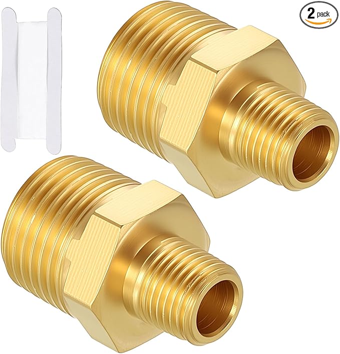 Pack of 2, 3/8" MNPT to 1/8" MNPT Solid Brass Hex Nipple Hose Connectors W/Sealing Tape, Male Pipe Adapter for Pipe Leak Repair, Bathroom Remodeling, Tool Extensions, Compression