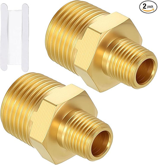 Pack of 2, 3/8" MNPT to 1/8" MNPT Solid Brass Hex Nipple Hose Connectors W/Sealing Tape, Male Pipe Adapter for Pipe Leak Repair, Bathroom Remodeling, Tool Extensions, Compression