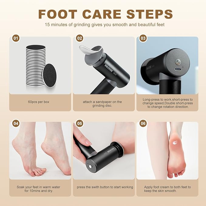 Premium Electric Foot Callus Remover, Ergonomic T-Grip 2600mAh Rechargeable 3 Speeds All Metal Foot File for Dead Skin Cracked Heels Pedicure Tool at Home with 60pcs Replacement Pads (Black)