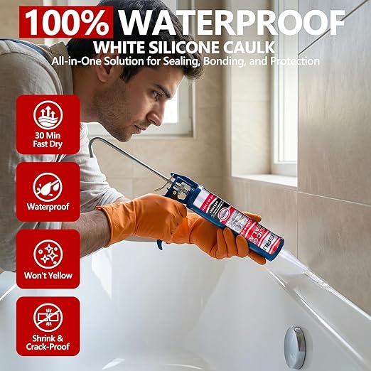LISRUX Supreme Silicone Caulk for Kitchen & Bathroom, White, 10 fl oz Cartridge, 4 Pack - 100% Waterproof Silicone Sealant, Stronger Adhesion, Shrink & Crack Proof