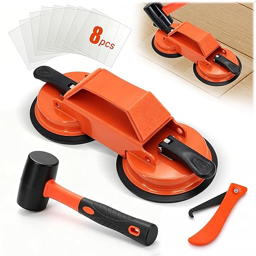 Floor Gap Fixer Tool: Flooring Repair Tool with 45° Striking Surface & Dual Suction Cups for Laminate & Vinyl Plank Floors Gap Puller Kit with Rubber Mallet, 8 Reusable Sticky Pads & Scraper