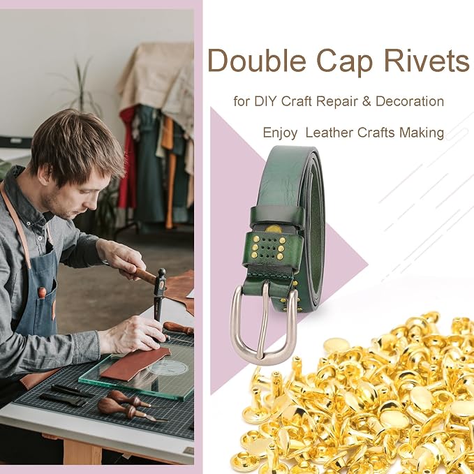 200Sets 8mm Round Double Caps Leather Rivets Metal Tubular Studs for Bags Hats Shoes Clothing Leather DIY Craft Repair and Decoration (Gold)